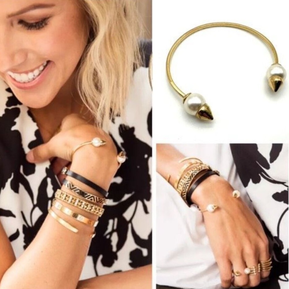 Stella & Dot Women’s Pearl Gold Spike Cuff Adjustable Dainty Layered Bracelet